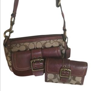 Signature monogram leather/suede satchel w/wallet